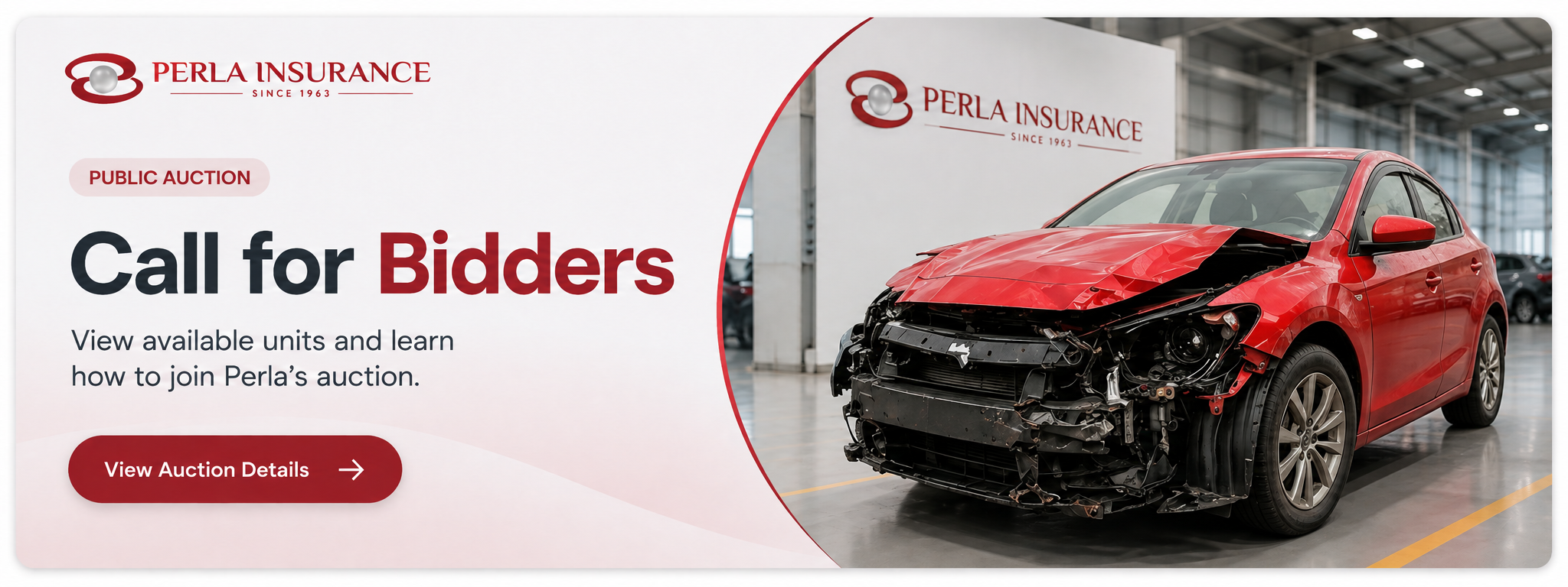 Perla Insurance public auction call for bidders featuring an available vehicle