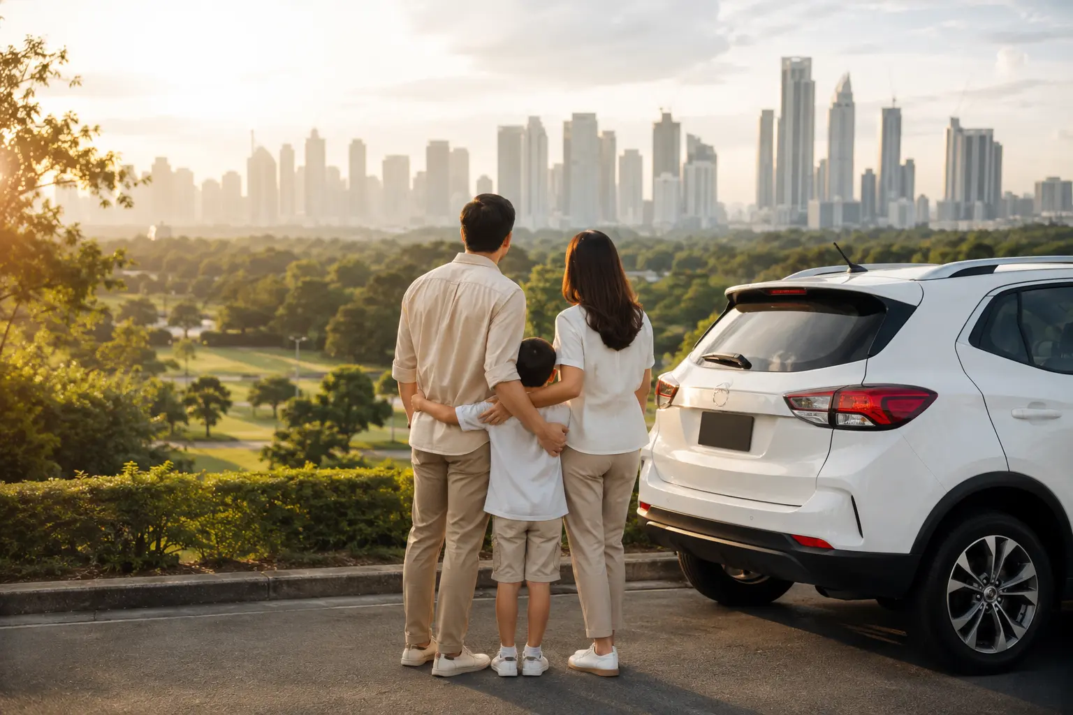 Filipino family standing beside their vehicle overlooking the city