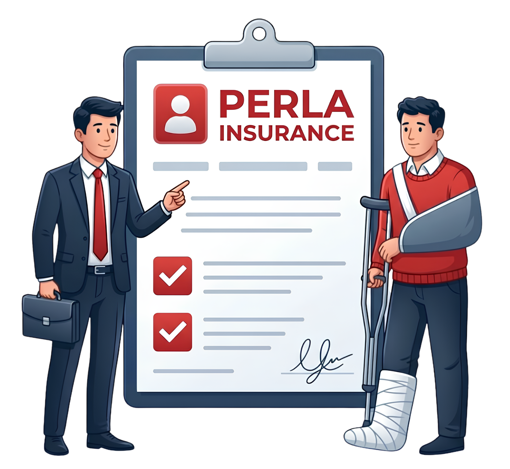 Perla adviser discussing accident insurance with a person wearing an arm sling and leg cast
